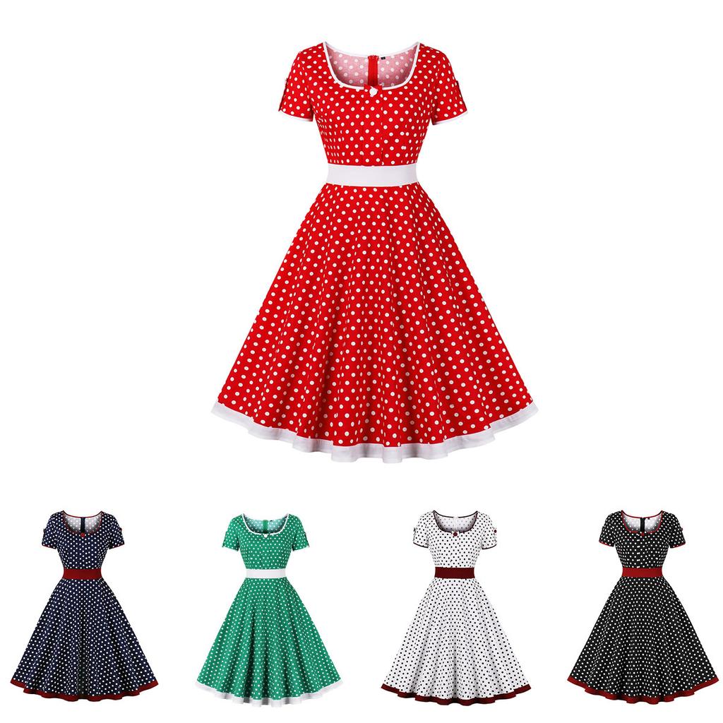 Dámské Vintage šaty Puntíky Rockabilly Koktejl Swing Šaty Jarní Letní Šaty Krátké Rukávy