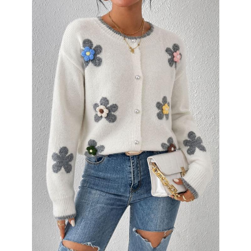 Damen Rundhals 3D Blumen Strick Langarm Lockerer Cardigan Pullover