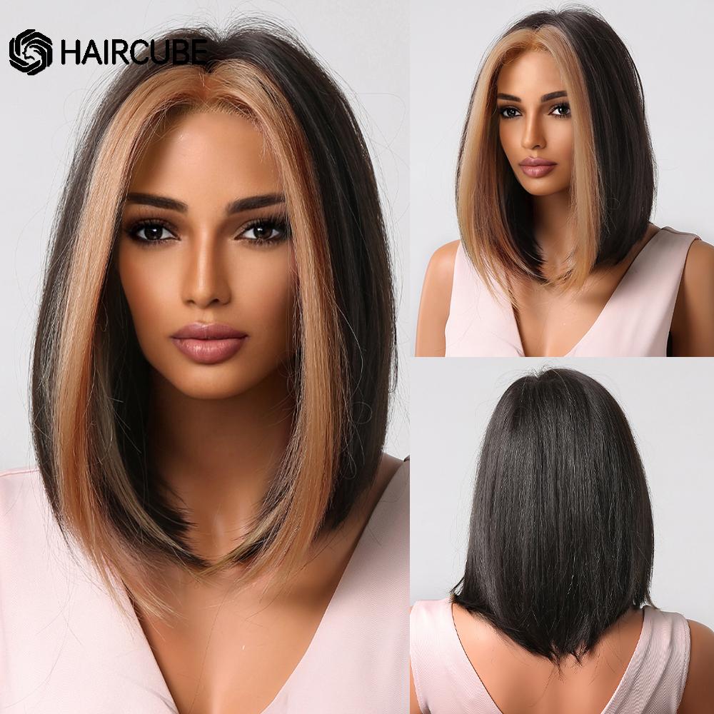 Medium Length Ombre Brown To Blonde Straight Hair Wigs with Bangs Synthetic Wigs for Women Cosplay Heat Resistant Natural Wigs