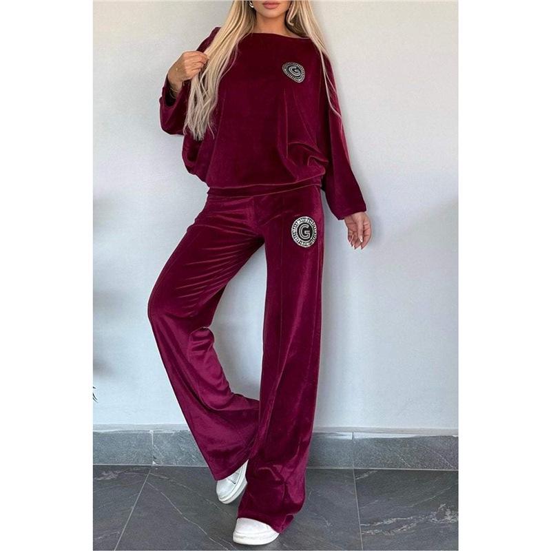 European & American Women's Gold Velvet Batwing Sleeve Top and Wide-Leg Pants Set for Autumn/Winter 2025