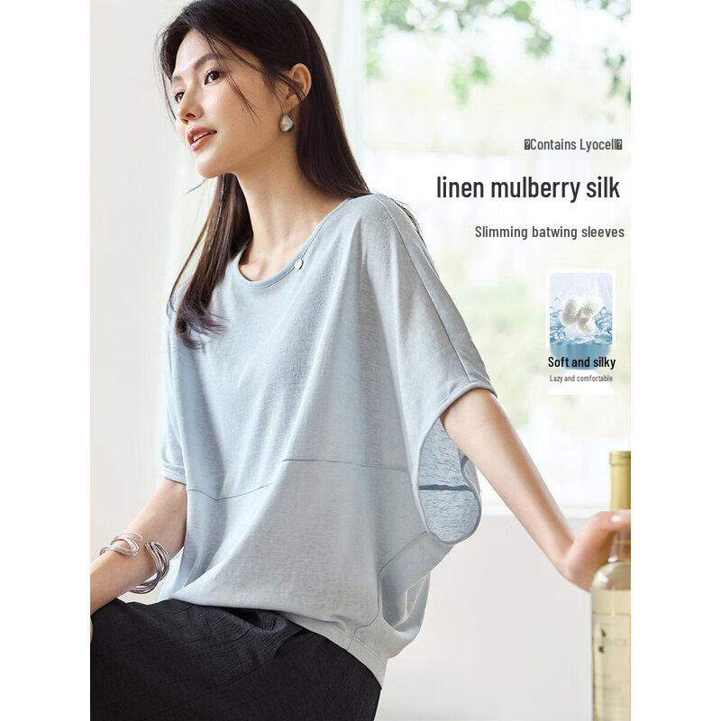XWI Women s Batwing Sleeve Silk Linen Lyocell Breathable Summer T-Shirt XL