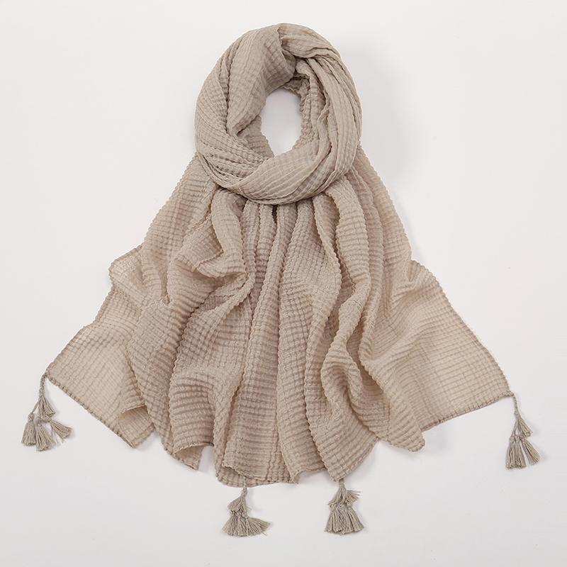 Crinkle Pleated Cotton Hijabs With Tassels Muslim Long Shawls Soft Headscarf Wraps Foulard Islam Turban Headband Solid Bandana