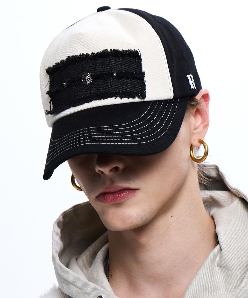 Aleseueseussi Denim Patched Rivet Ball Cap - Black/Ivory