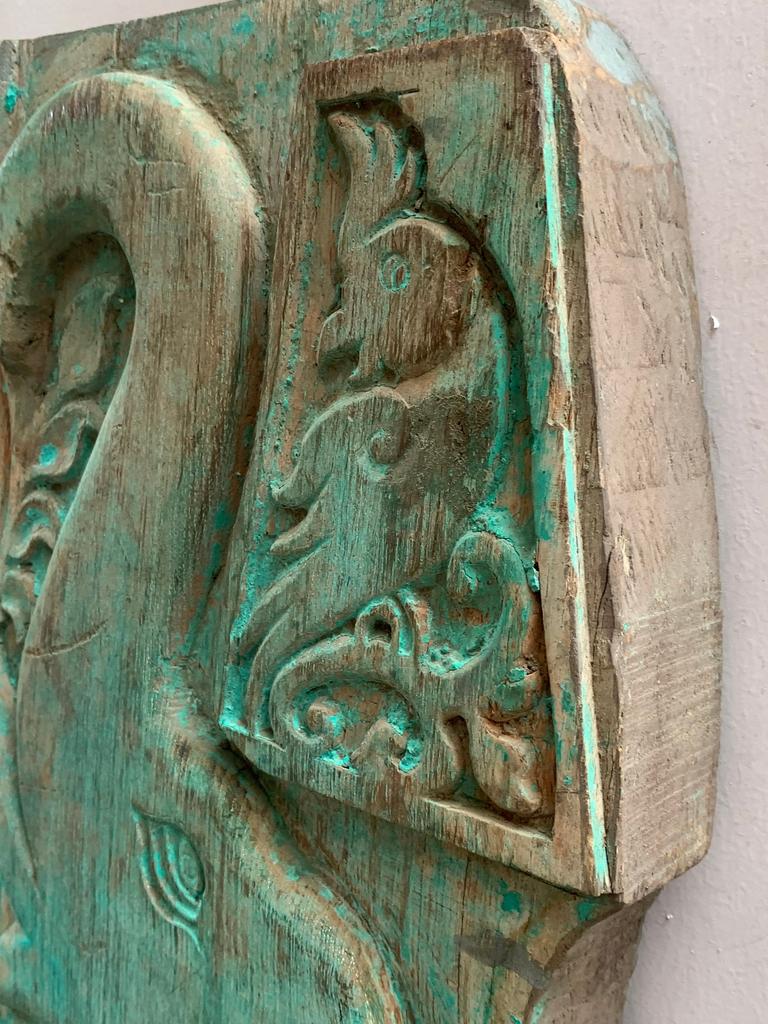 Antique Indian Wooden Elephant Wall Panel: Rustic Architectural Decor