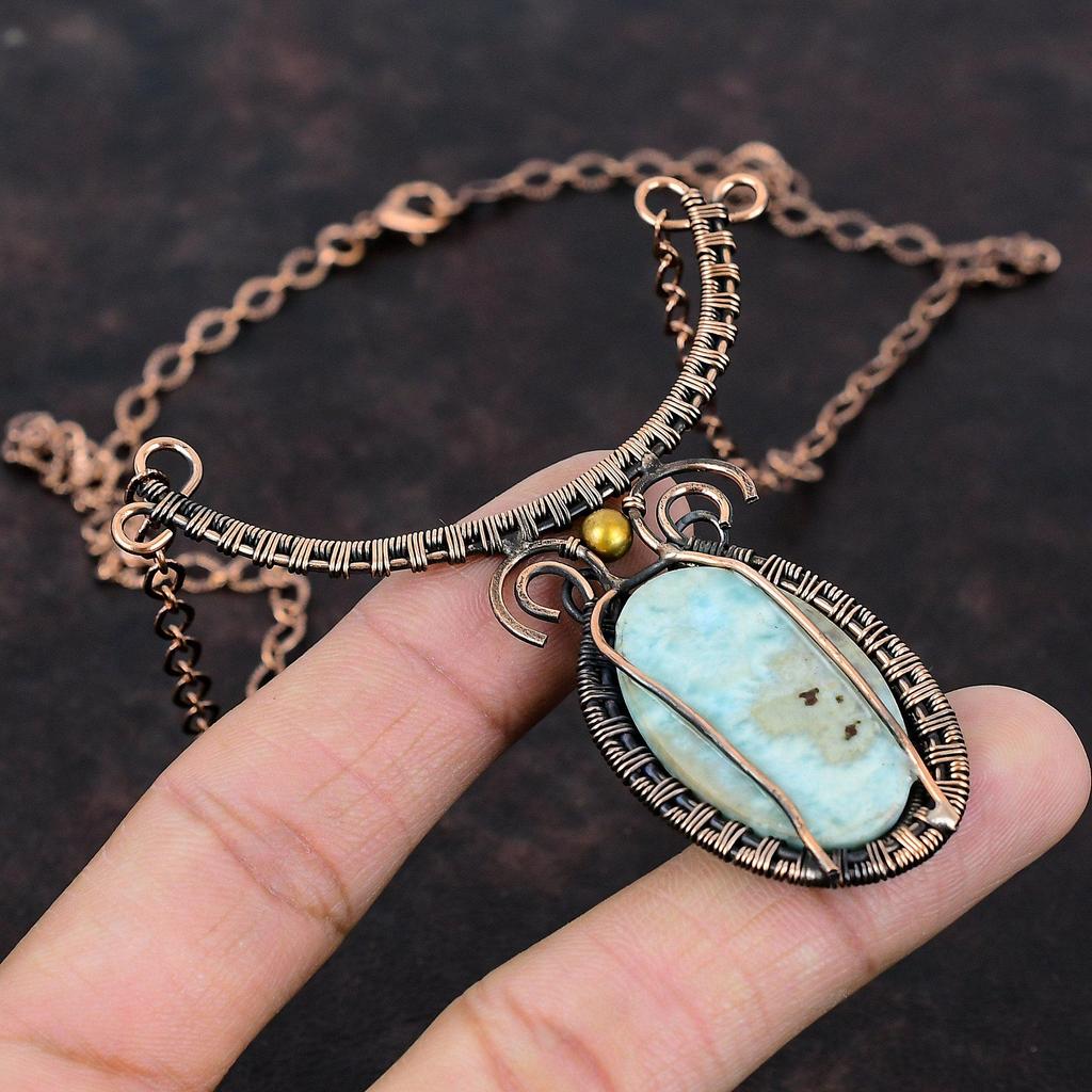 Larimar Necklace Copper Wire Wrapped Jewelry Gemstone Necklace Adjustable Necklace Copper Wire Wrapped Necklace Handmade Jewelry For Gifts