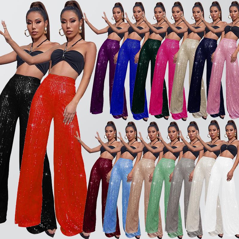 Pantalones de Lentejuelas de Cintura Alta y Pierna Ancha para Mujer 2025 - Moda Europea y Americana