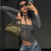 Spring Sexy Shirts Fashion Women 2023 Short Tops Y2k Streetwear Slim Tee Long Sleeve Square Neck Slim Mesh T-Shirt  26243