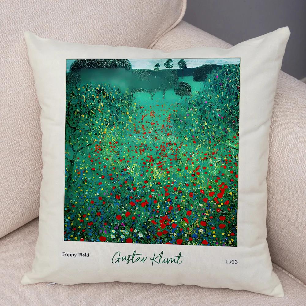 Gustav Klimt Grüner Blumengarten Flora Kissenbezug Beidseitig Dekor Nordischer Druck Kissenbezug Plüsch Kissenbezug für Sofa Zuhause