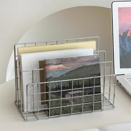 Magazine Holder Book Stand with 3 Vertical Compartments Hollow Design Rustproof Storage Rack Office Desk Organizer