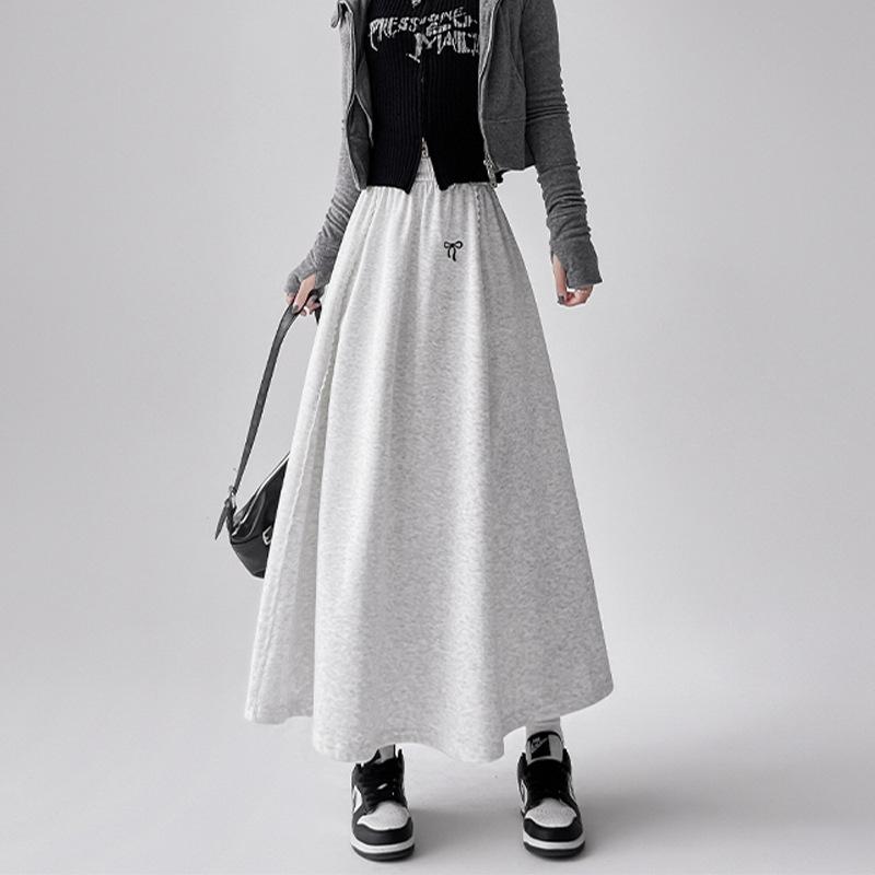 

Женская осенняя юбка с вышивкой бантом и высокой талией, элегантная длинная юбка, корейская одежда 2000 года L светло-серый