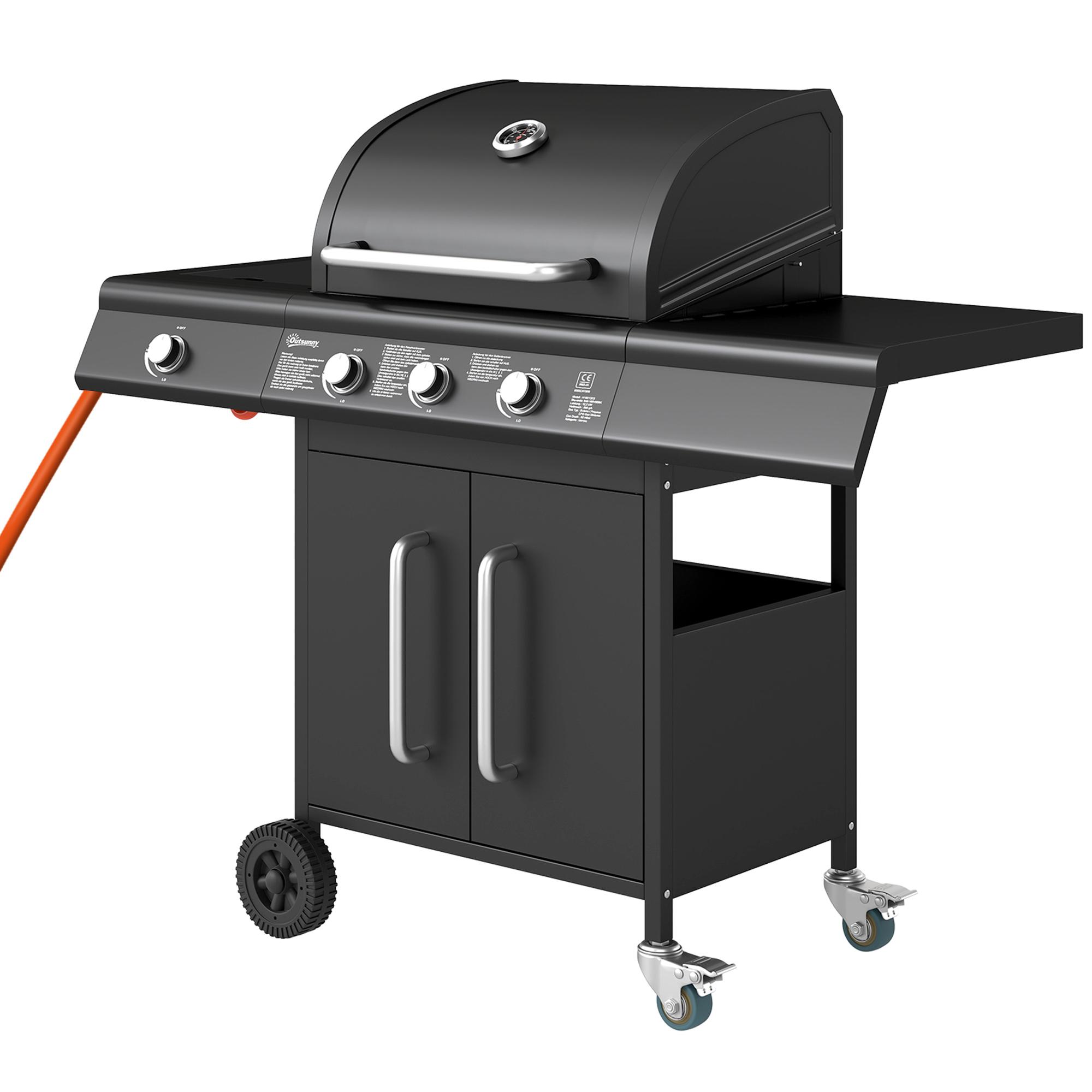 Gril à gaz portable avec espace de rangement, table latérale, brûleur latéral, grille de maintien au chaud, thermomètre, acier inoxydable, noir