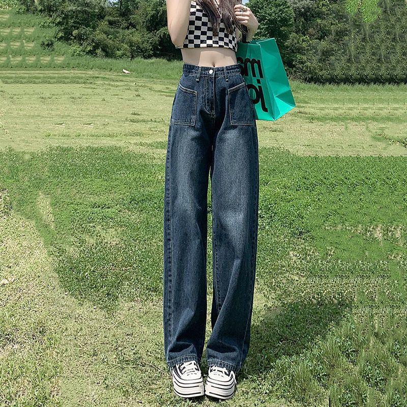 Women's High Waist Wide Leg Jeans Loose Fit Streetwear Vintage Washed Straight Leg Denim Pants