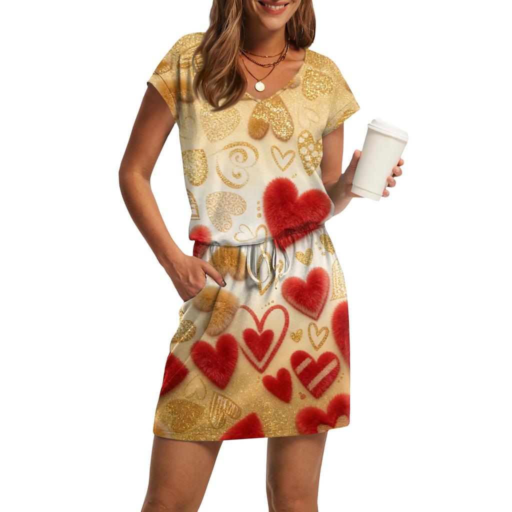 Vestito casual da donna con scollo a V, maniche corte, coulisse, tasca, stampa San Valentino