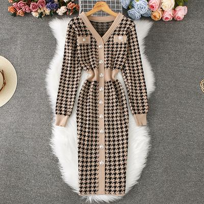 Autumn Winter Women Elegant V-neck Houndstooth Knitted Sweater Office Party Slim Bodycon Sheath Dresses