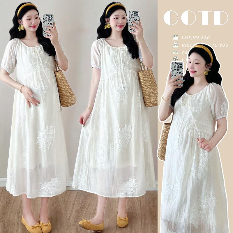 High-End Maternity Tencel Embroidered Loose-Fit Dress Medium