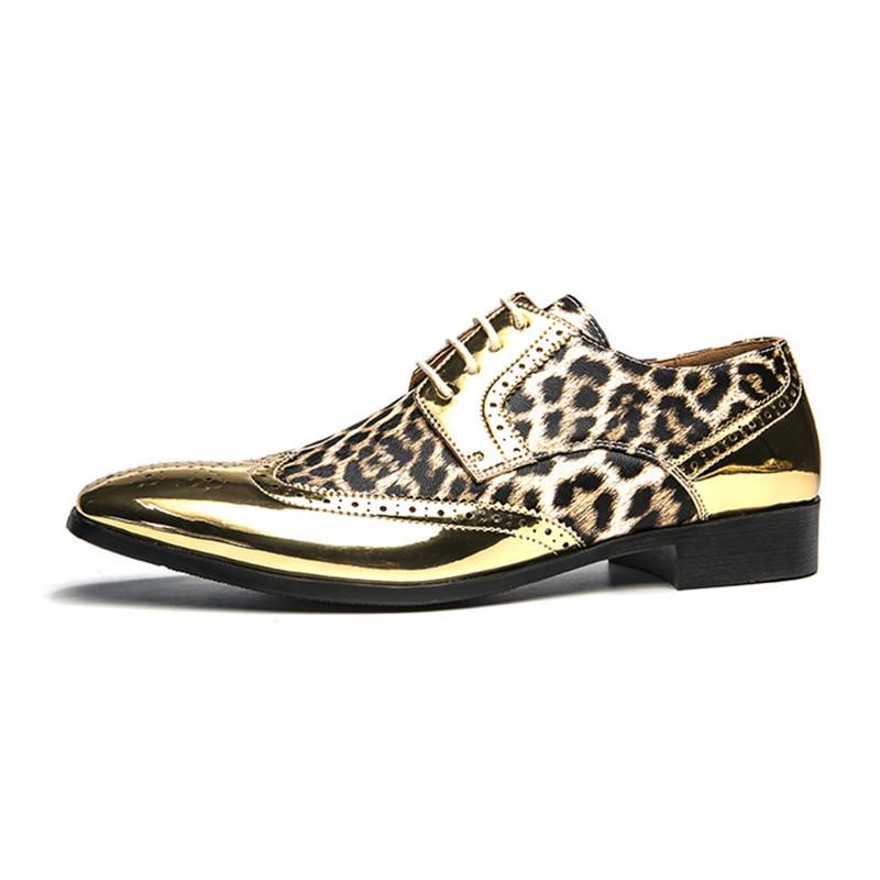 Fashion Classy Gold Leopard Leather Men Shoes Derby Luxury Brogue Pointed Toe Shoe Men Party Wedding Dress Shoes for Men sapato social
