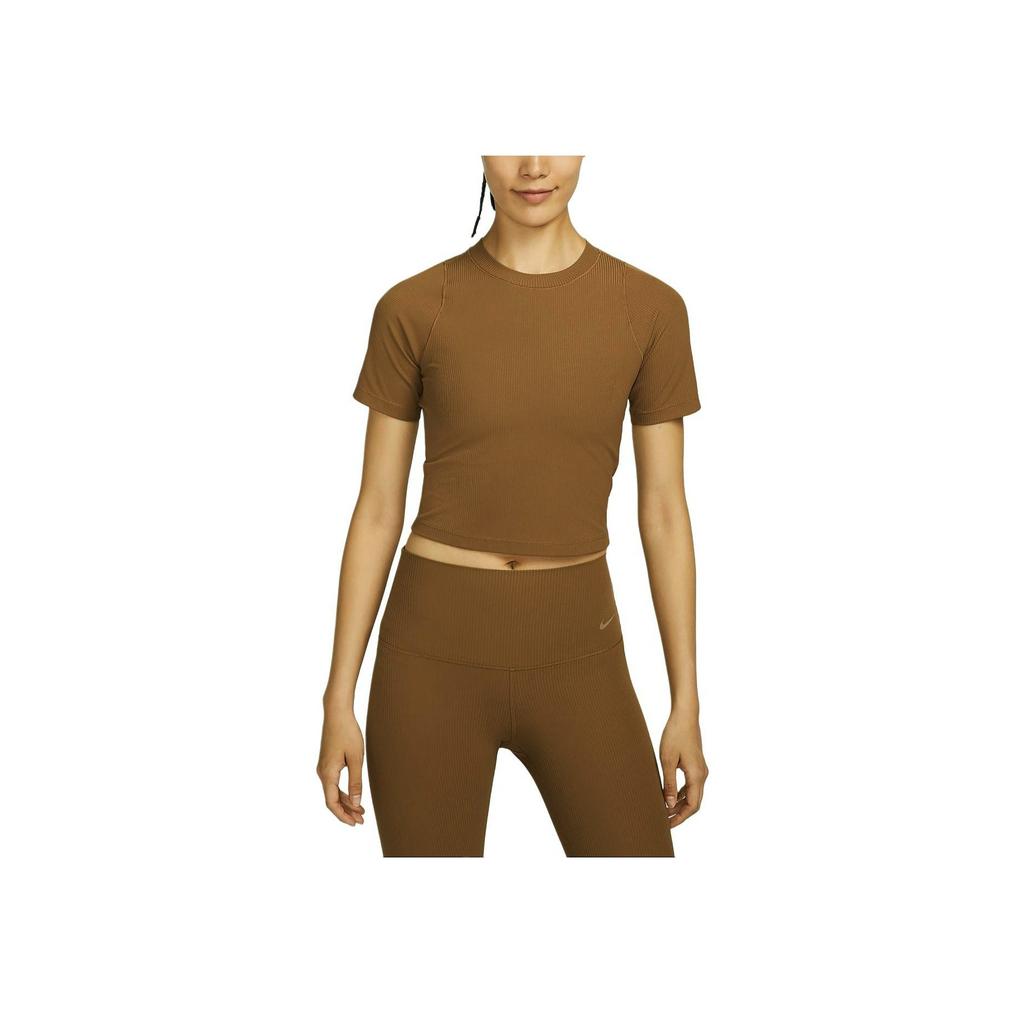 Nike Zenvy Soft Comfortable Sports Breathable Quick-Dry Ribbed Short Sleeve T-Shirt Women Tops Light-British-Brown White HF2773-281