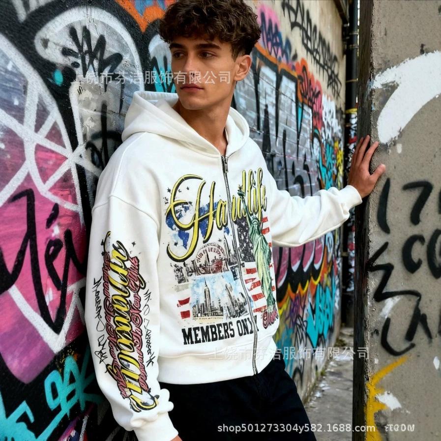 American retro free Muse 3D printed zipper hooded sweater, men's and women's high street graffiti cardigan Y2K trendy clothes
