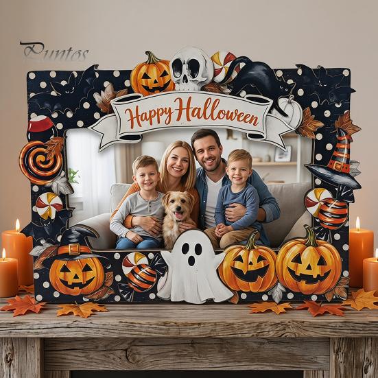 Waterproof Photo Frame Halloween Wooden Frame, Pumpkin Ghost Cat Cutout Picture Holiday Portrait Holder, Double-sided Tabletop Decor for Home