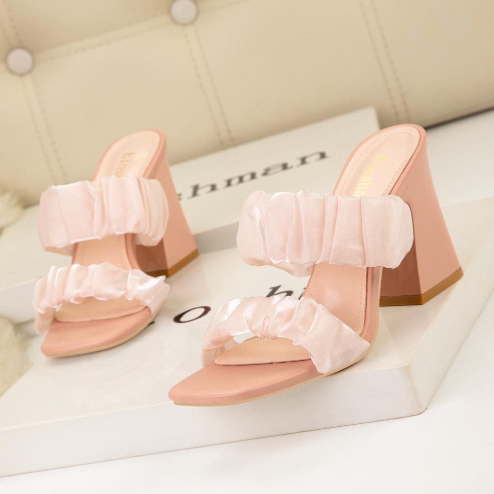 Simple solid color square head + drag open-toed thick heel high heels with transparent outer sandals women
