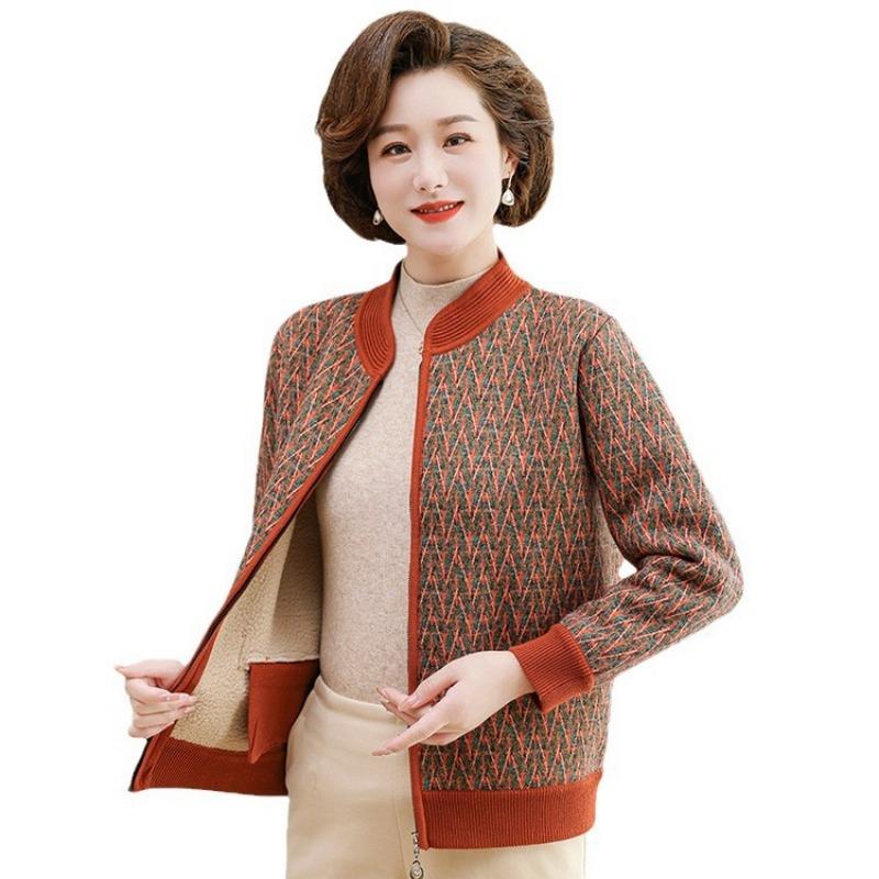 Grandma coat autumn clothes new elderly knitted sweater female mother fleece thickened old woman striped top