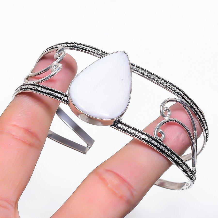 Natural Mother Of Pearl Gemstone 925 Sterling Silver Cuff Bangle Adjustable v7S81