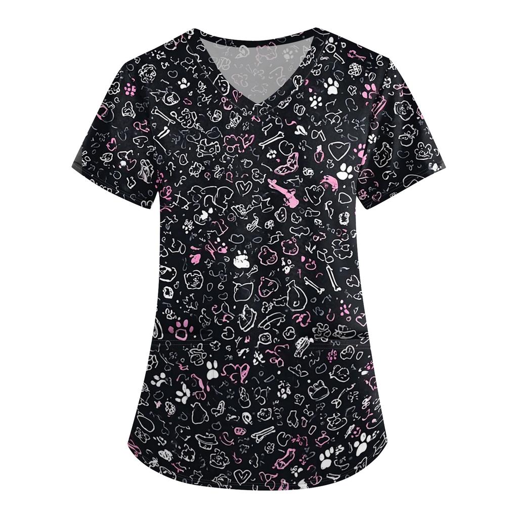 Women's V Neck Floral Print Short Sleeve Medical Scrub Top with Pocket Vintage Style Comfortable Fit Nursing Workwear