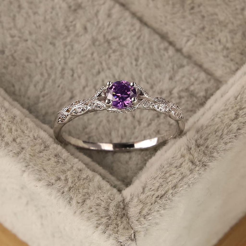 Women's Silver Color Amethyst Zirconia Ring - Light Luxury Simple Fashion Zircon Accessory for Europe & America