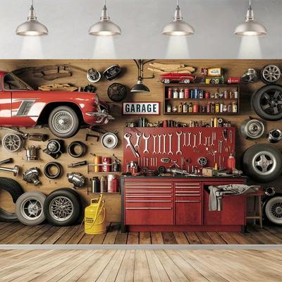 Retro Banner for Workshop or Garage Party | Decorative Polyester Background | Classic Car Design and Toolbox | Car Decorations