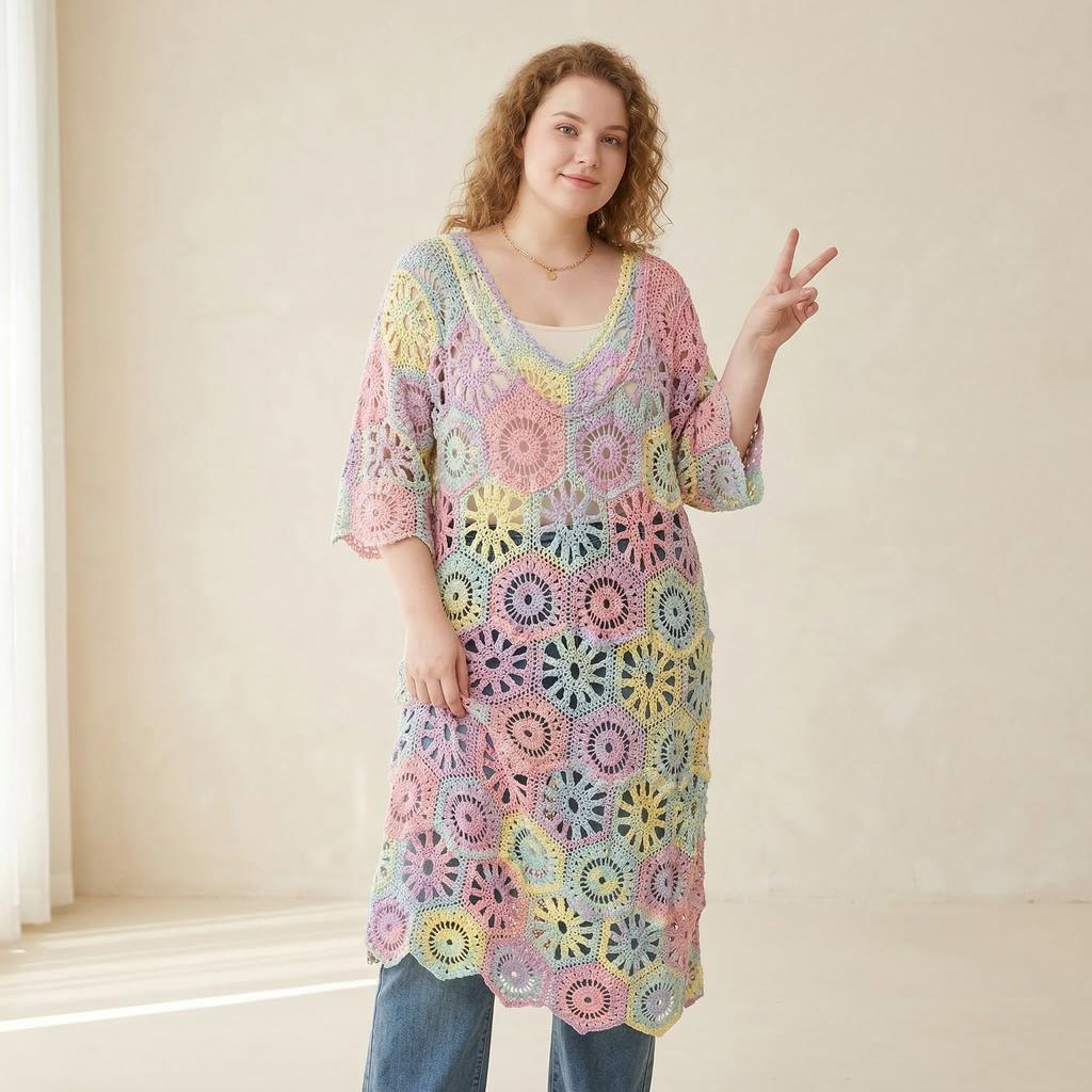 DIMANAF 2024 New Summer Women Long Knitted Dress Sleeve Basic Fashion Lace Dresses Casual Loose White