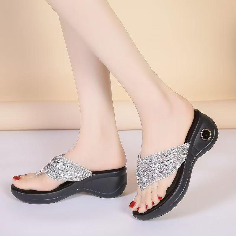 Women Wedges Rhinestone Flip Flop Slippers Summer New Thick Sole Lightweight Fashionable Outdoor Modern Slippers Sandals