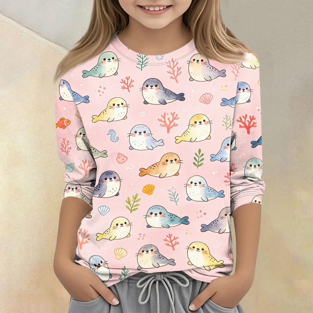 Kinder Tierdruck Rundhals Dreiviertelarm Lässiges T-Shirt Weicher Leichter Stoff Bequeme Passform Geeignet für den Alltag