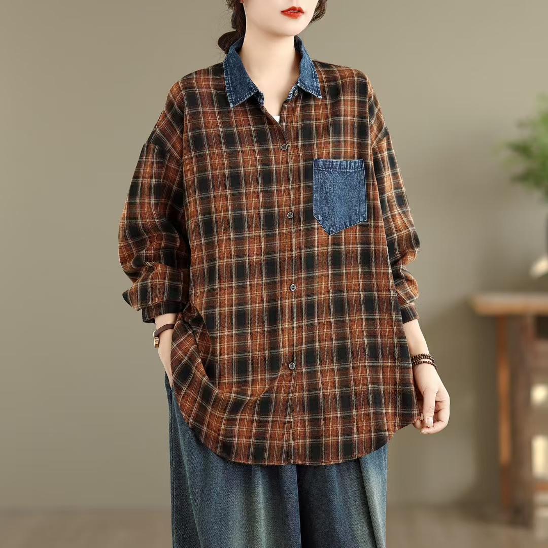 

DIMANAF New 2025 Women Blouse Denim Plaid Spliced Full Sleeve Autumn Basic Coat New One Size