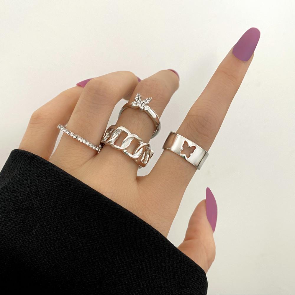 Bohemian 5-Piece Star, Moon, Butterfly Rings Set with Full Diamond Inlays - European & American Style