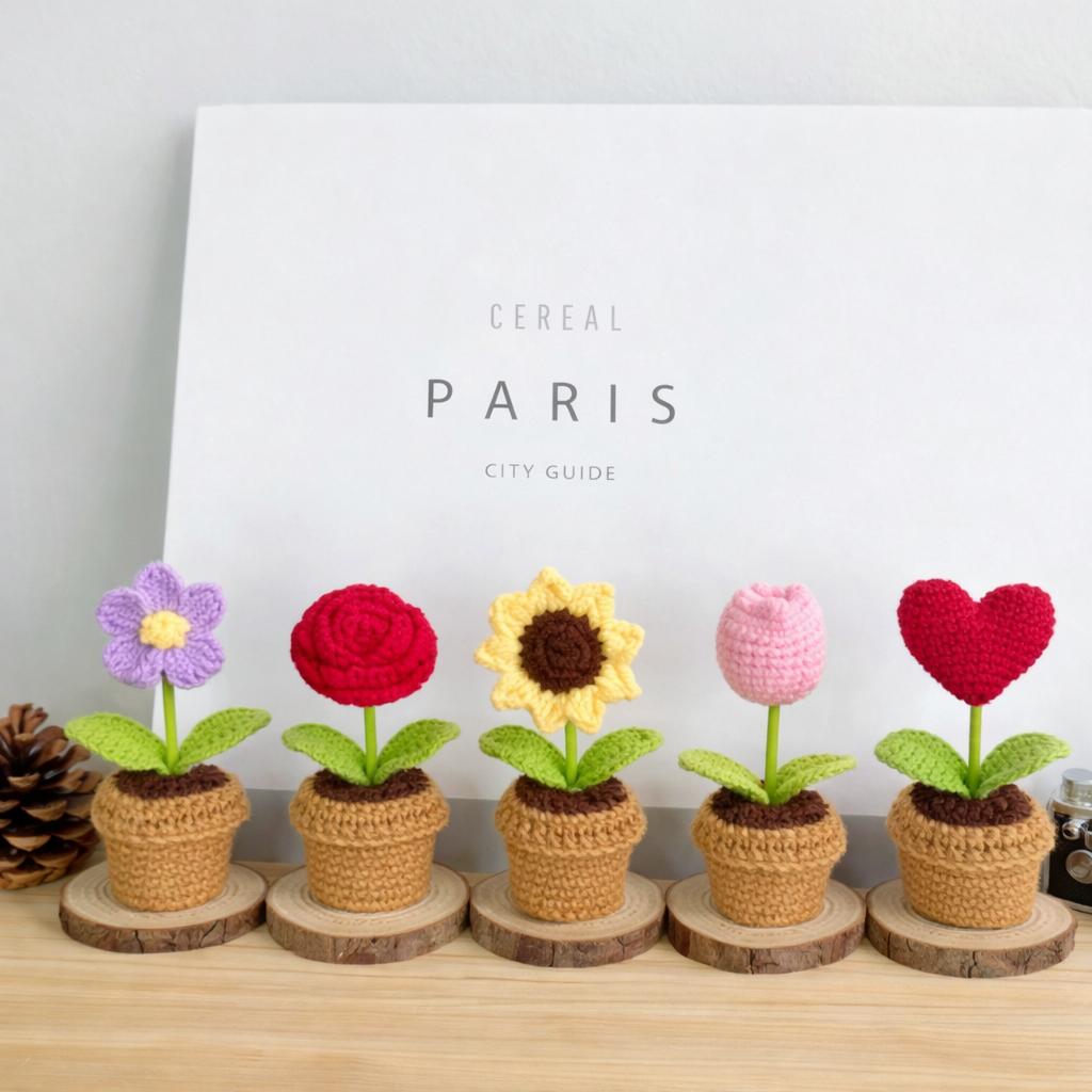 1/5Pcs Handmade Crochet Finished Small Potted Simulation Flower Plant Creative Gift Ornament Floral Decoration for Home Desktop