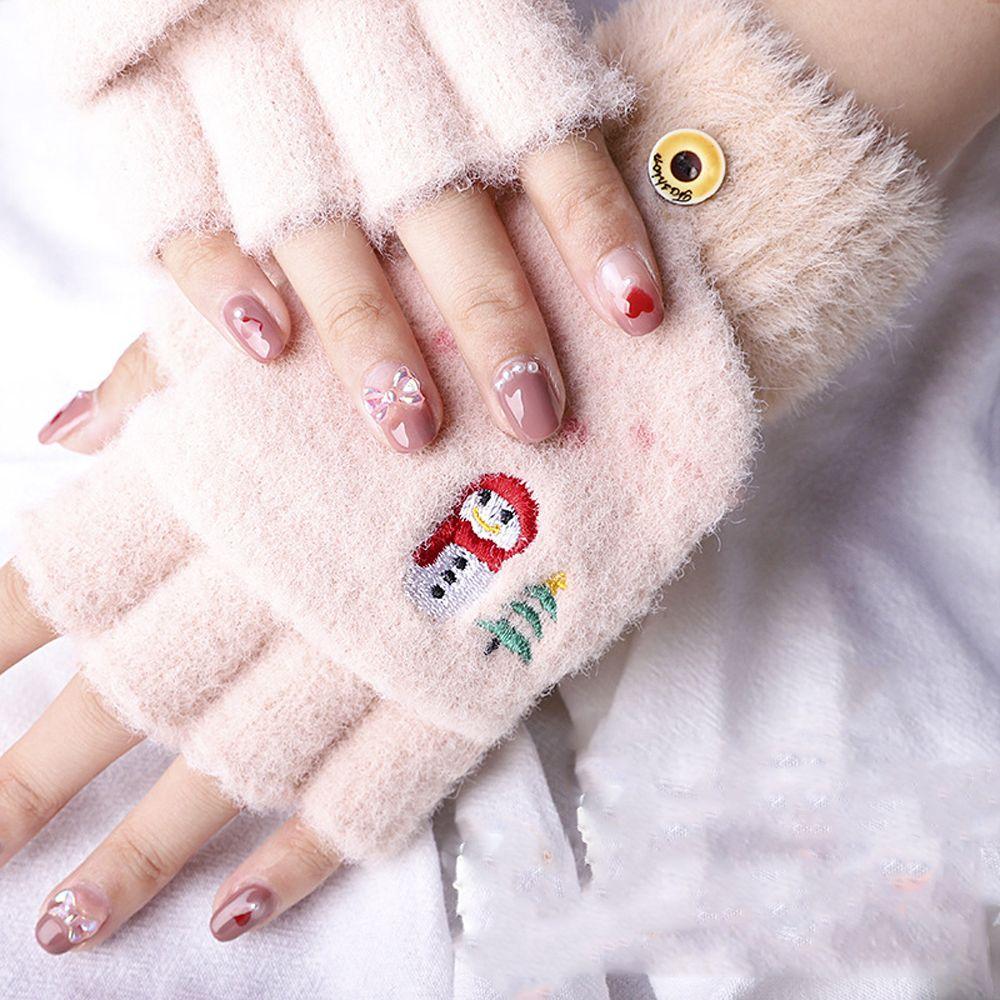 Windproof Solid Color Outdoor Women's Gloves Thick Mittens Flip Cover Gloves Half Finger Gloves