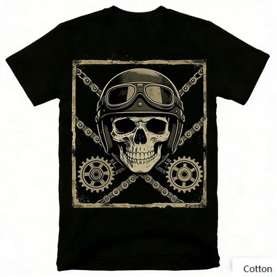 Vintage Skeleton Biker Graphic T-Shirt Helmet Goggles Chain Gear Print Cotton Short Sleeve Casual Unisex Tee