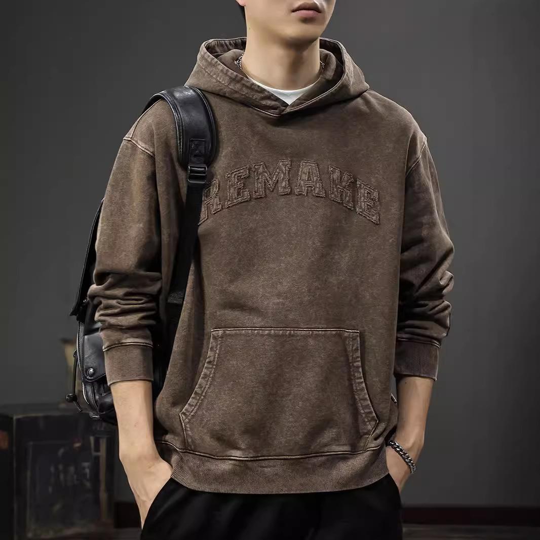 

Осенний ретро-свитер с капюшоном и заплатками из плотного хлопка, свободный топ, американская модная повседневная куртка M