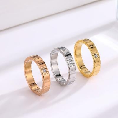 Anel Quadrado Largo com Diamante Único em Aço Titânio Joias Combinando para Casal Acessórios da Moda