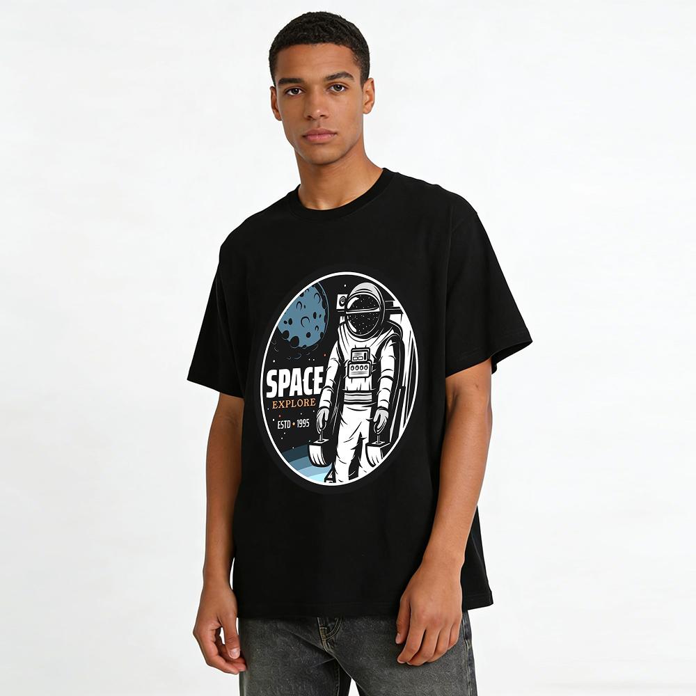 Vintage Space Explore Astronaut Print Casual Crew Neck T-Shirt Pure cotton T-shirt