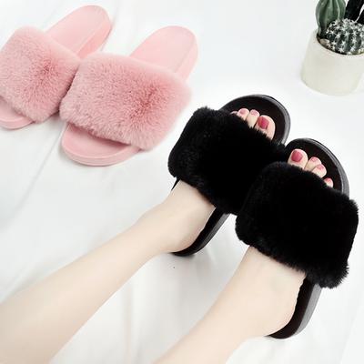 Fashion Women Autumn Winter Korean Style Cotton Slippers Female Song Jia Plush One Word Drag Anti-slip Outside Wearing Cloth Fur Shoes
