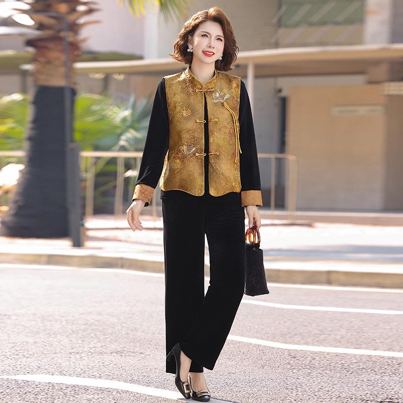 

2026 Chinese Style Gold Velvet Three-Piece Suit for Moms 3XL (120-135 Jin) жёлтый