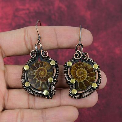 Ammonite Fossil Earring Copper Wire Wrapped Earring Elegant Jewelry Handmade Gemstone Earring Gifts For Wife Stylish Earrings Copper Jewelry