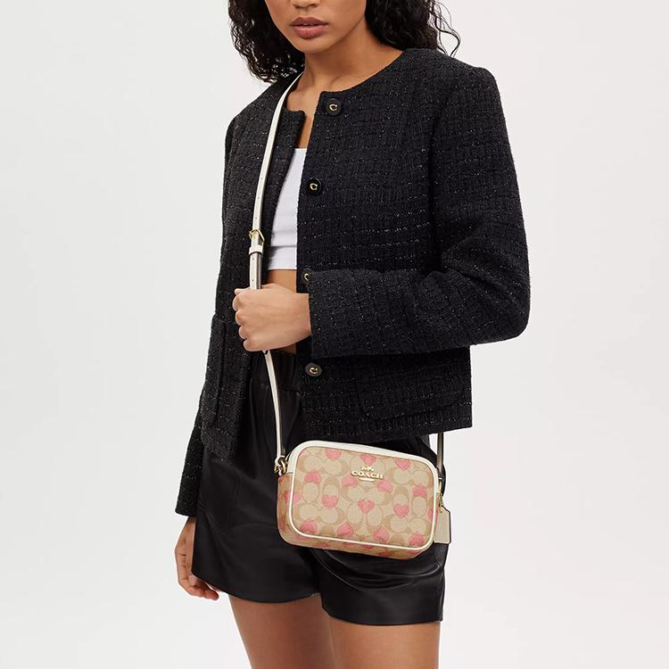 Coach Jamie 20 Classic Monogram Heart Adjustable Shoulder Strap Zipper Closure Crossbody Bag Small Women Crossbody Bag Khaki Pink CO940-IMOTV