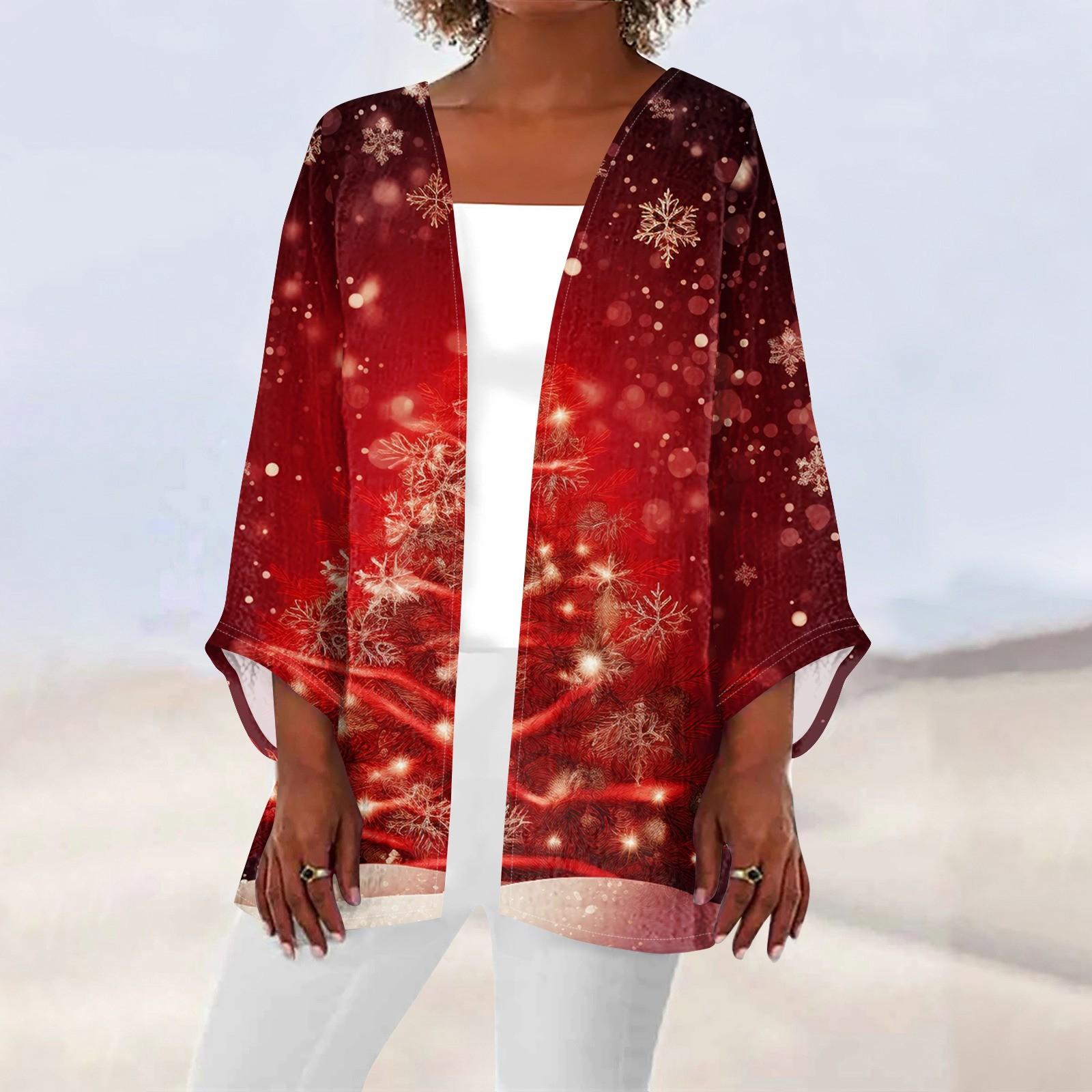 

Женская повседневная мода с рождественским принтом легкая куртка средней длины кардиган M красный