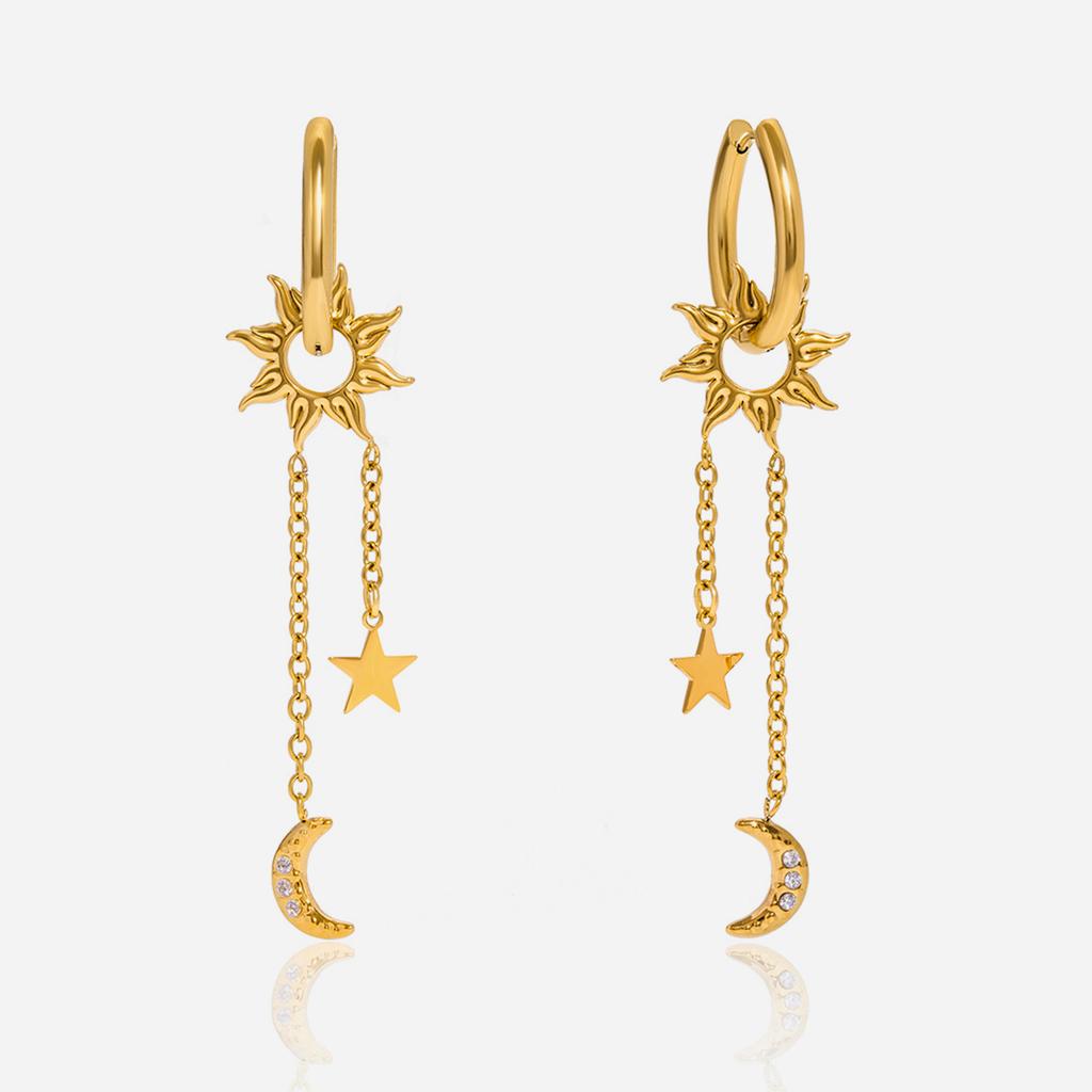 Youthway Fashion Pentagram + Sun Dangle Tassel Earrings Stainless Steel Gold Color Plated With Zirconia Women'S Earrings
