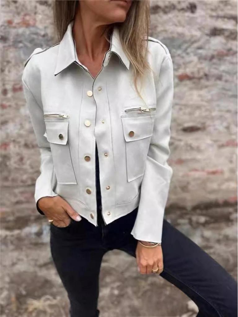 Suede Turn-Down Collar Long Sleeve Jacket with Metal Zipper - 2025 Collection