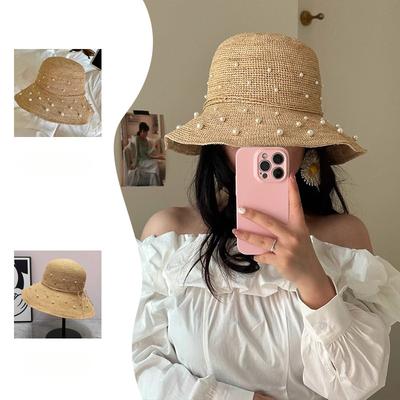 Handmade Pearl Bow Fisherman Hat Women's Summer Korean Version Large Brim Beach Sun Hat UV Protection