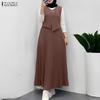 Women Casual Round Neck Splice Long Sleeve Retro Pleated Dress