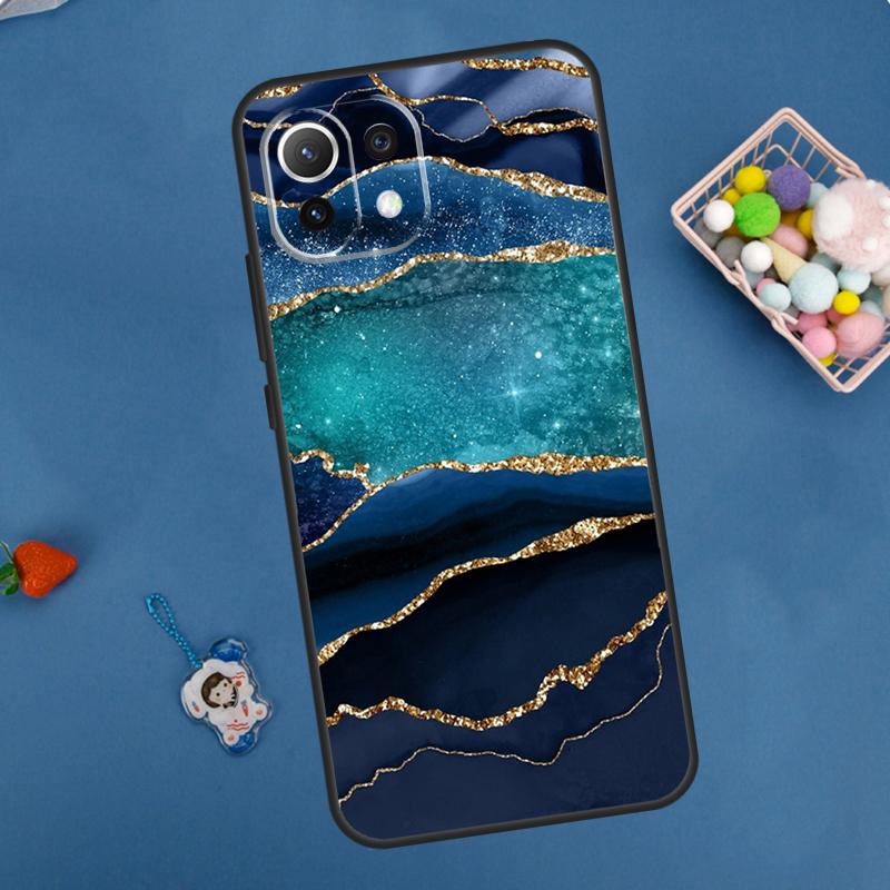 Gold Indigo Faux Malachite Case For Xiaomi 14 13 15 Ultra 11T 12T 13T 14T Pro POCO X7 Pro X3 X5 F5 F6 M6 X6 Pro Cover